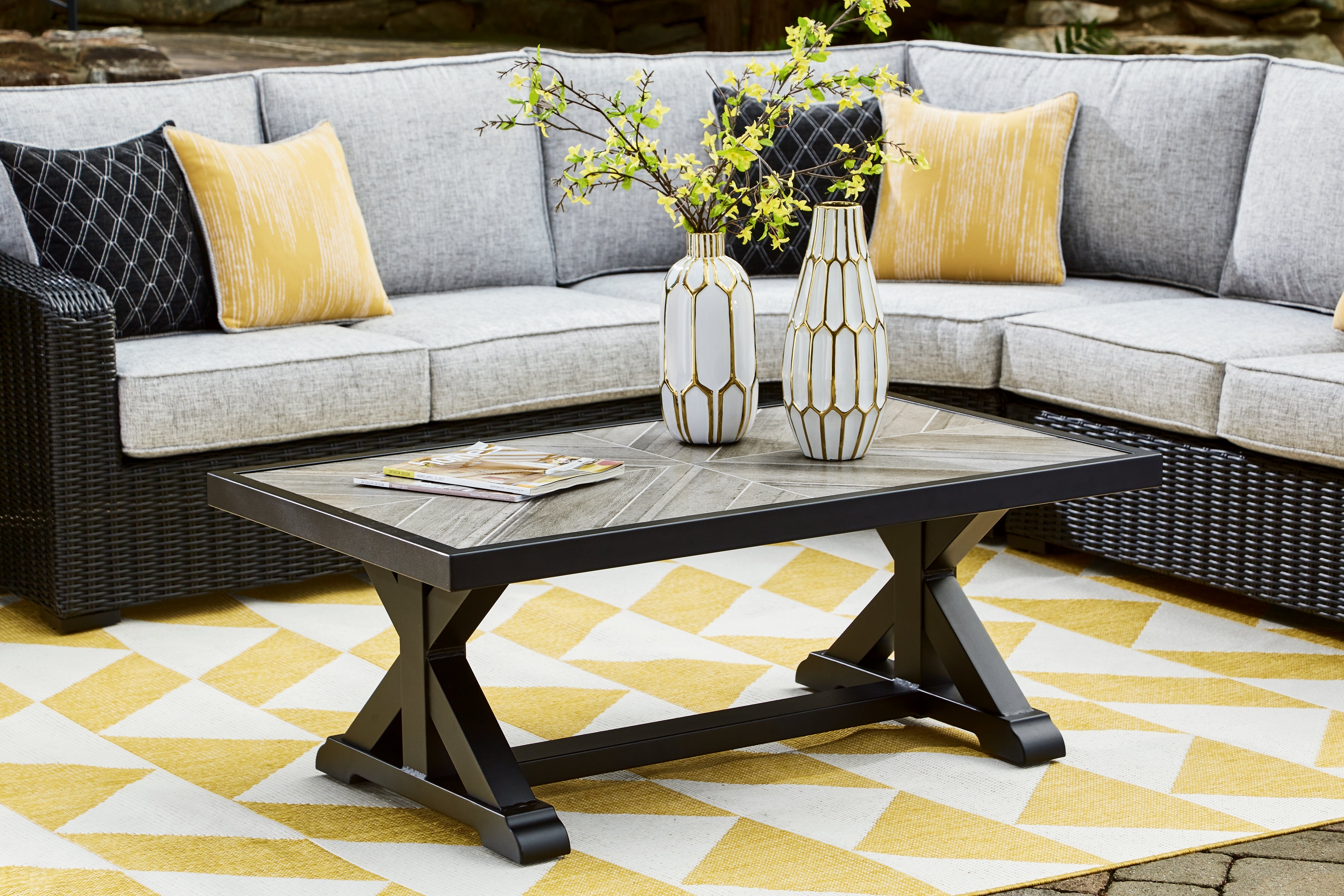 Diamond Furniture - Ashley Furniture - Beachcroft Outdoor - Rectangular Cocktail Table / Black/Light Gray - P792-701