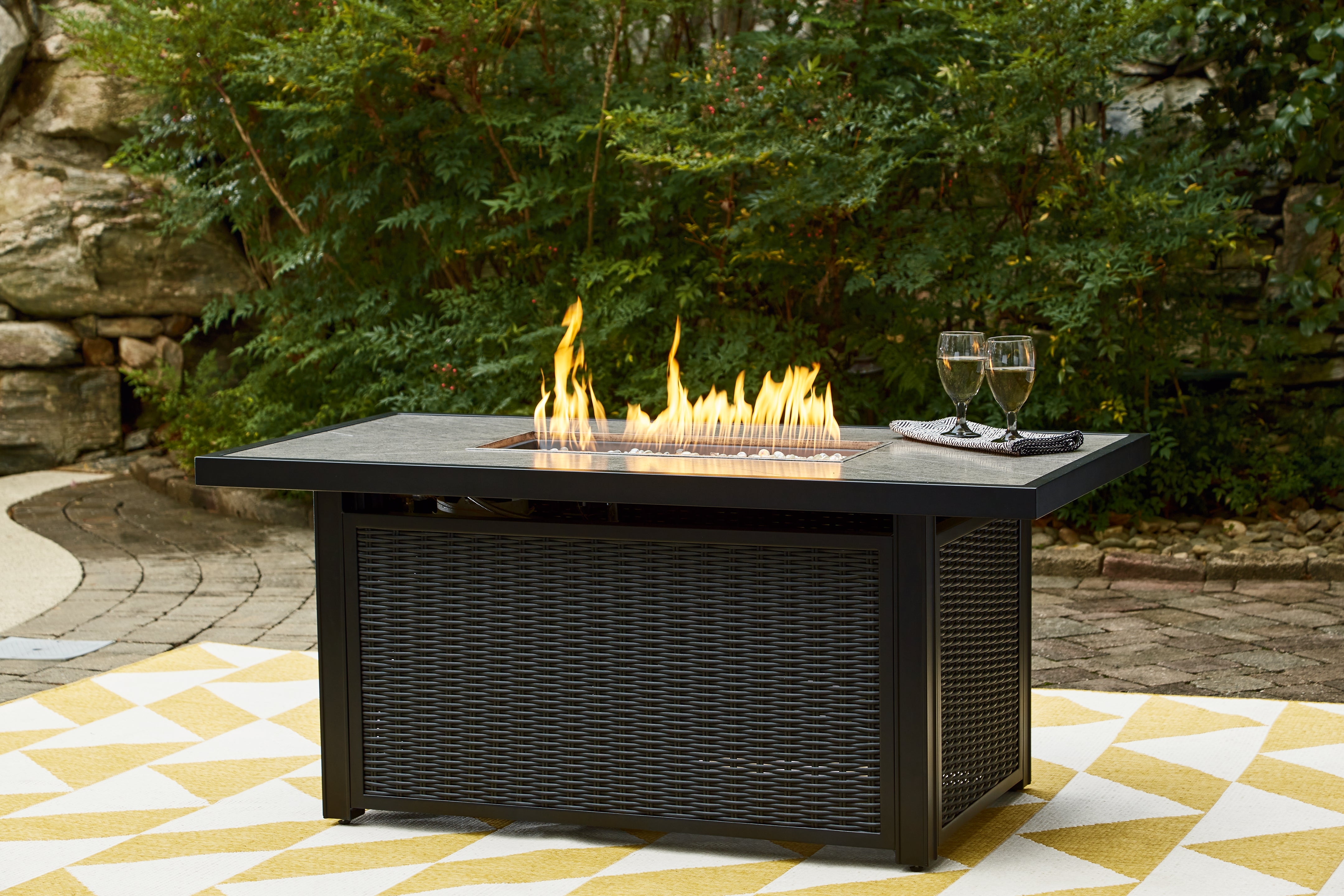 Diamond Furniture - Ashley Furniture - Beachcroft Outdoor Fire Pit Table - Rectangular Fire Pit Table / Black/Light Gray - P792-773