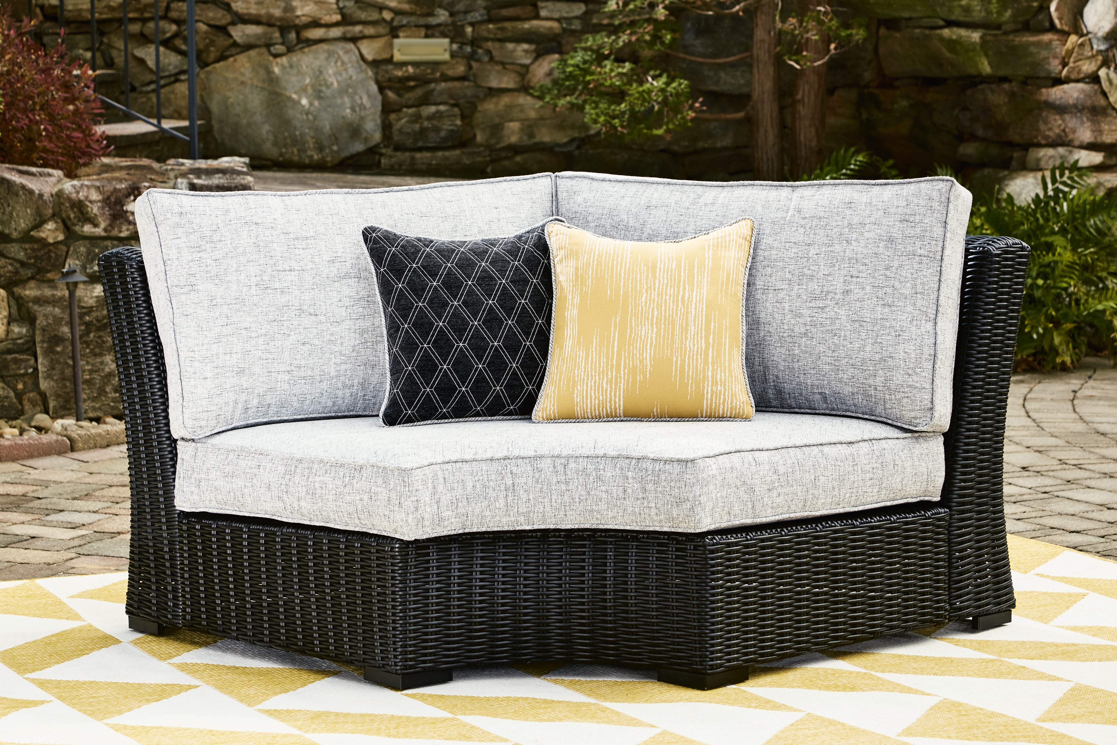 Diamond Furniture - Ashley Furniture - Beachcroft Outdoor - Curved Corner Chair w/Cushion / Black/Light Gray - P792-851