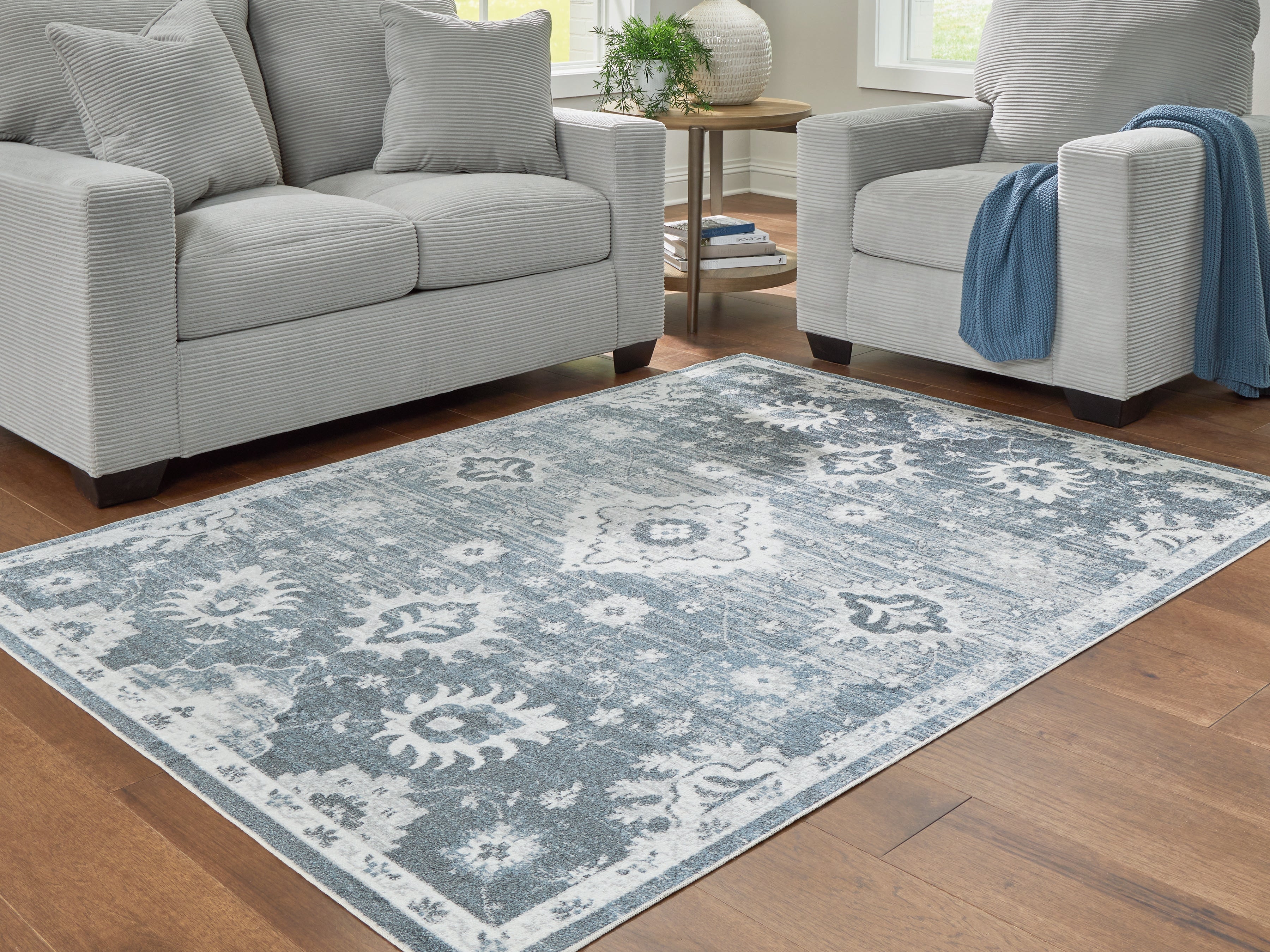 Diamond Furniture - Ashley Furniture - Avanworths Rug - Washable 5'3" x 7' Area Rug / Blue/Gray/Ivory - R407792