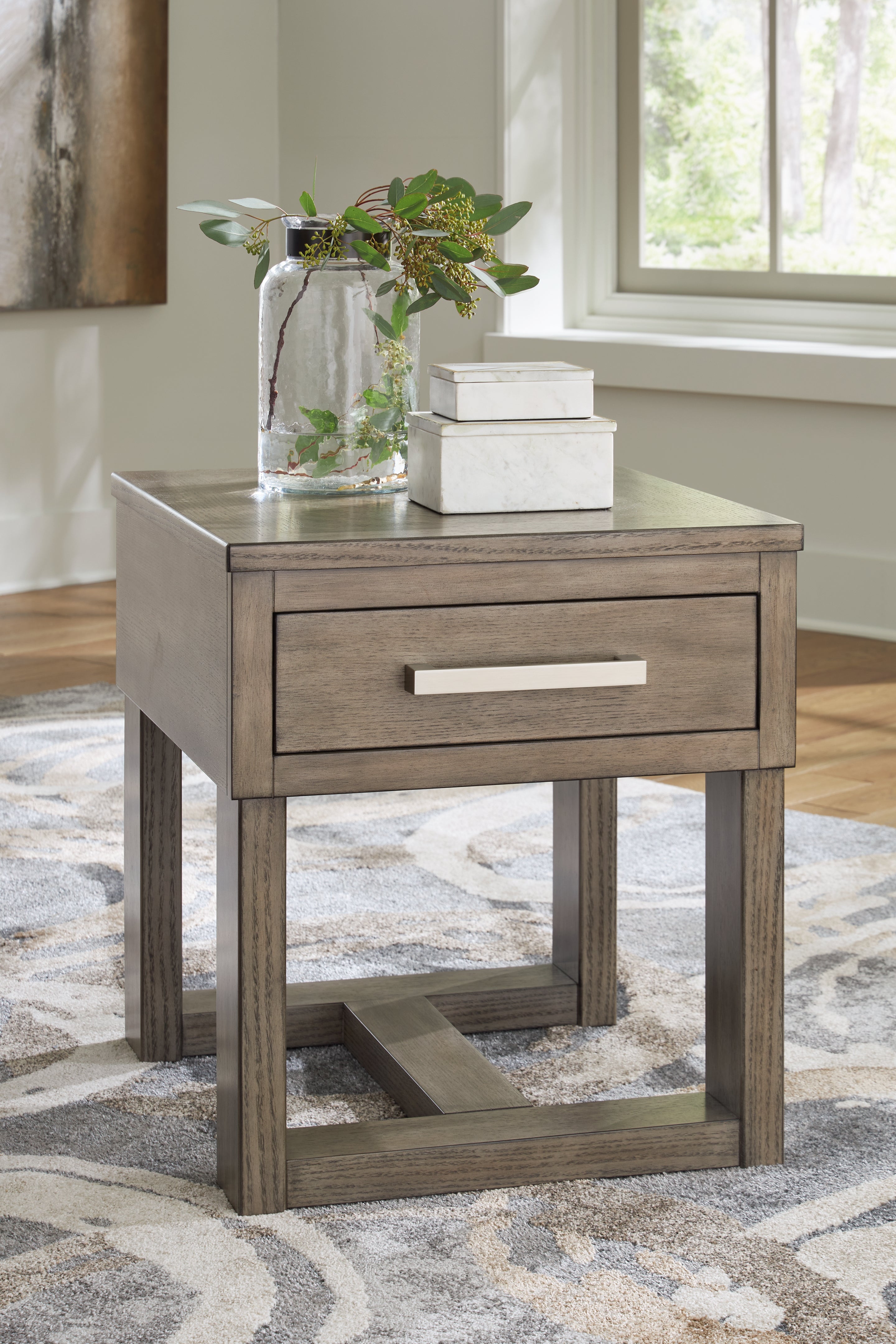 Diamond Furniture - Ashley Furniture - Loyaska End Table - Rectangular End Table / Grayish Brown/White - T854-3