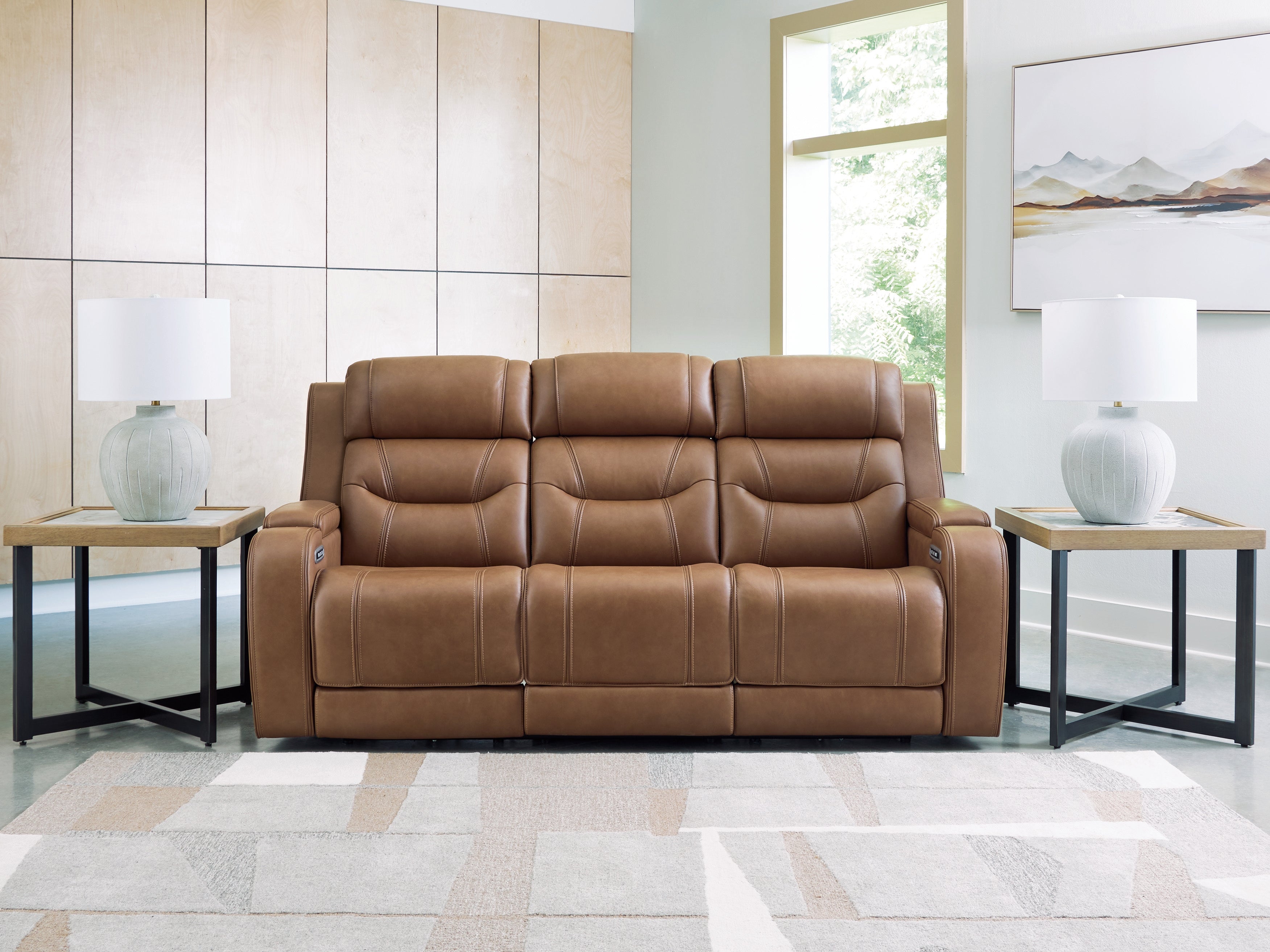 Diamond Furniture - Ashley Furniture - Knightington Living Room - PWR REC Sofa w/Audio Seating / Caramel - PCU1160015A