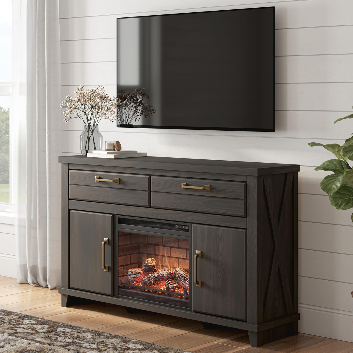 Diamond Furniture - Ashley Furniture - Brazen Valley 60" TV Stand with Electric Fireplace - 60" TV Stand with Electric Fireplace - W2648W4
