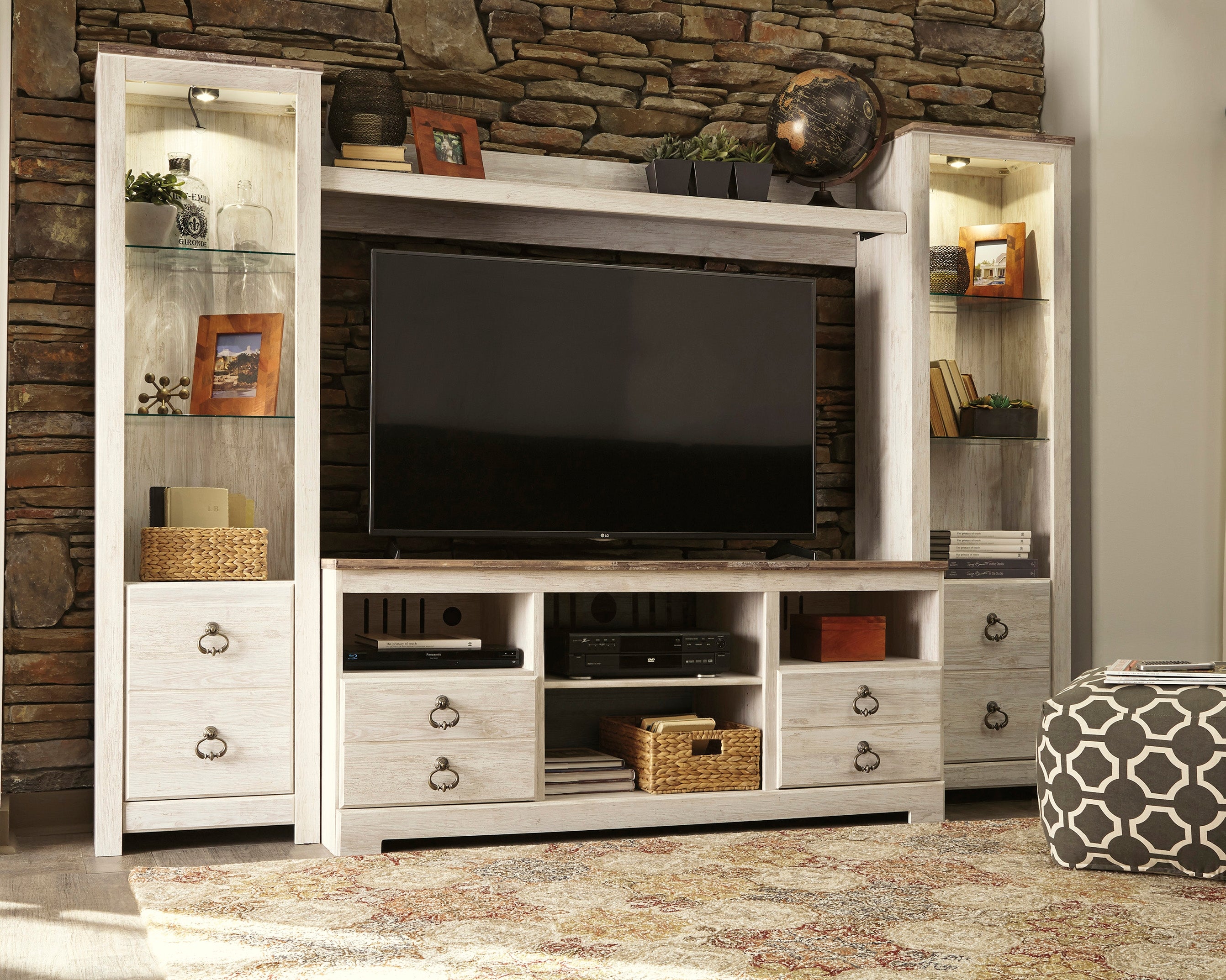 Diamond Furniture - Ashley Furniture - Willowton Entertainment Center - 4-Piece Entertainment Center / Whitewash - W267W3
