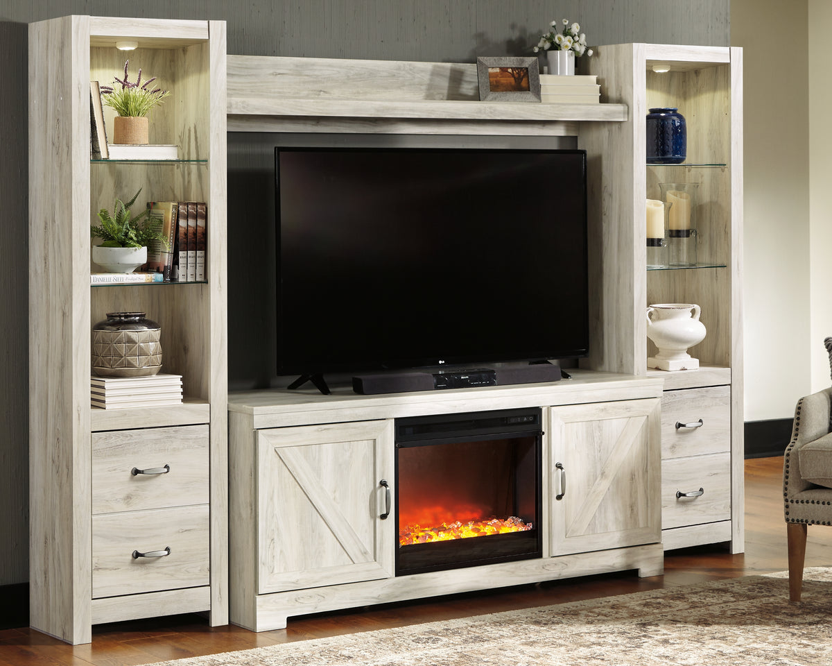 Diamond Furniture - Ashley Furniture - Bellaby 4-Piece Entertainment Center with Fireplace - 4-Piece Entertainment Center with Fireplace / Whitewash - W331W5