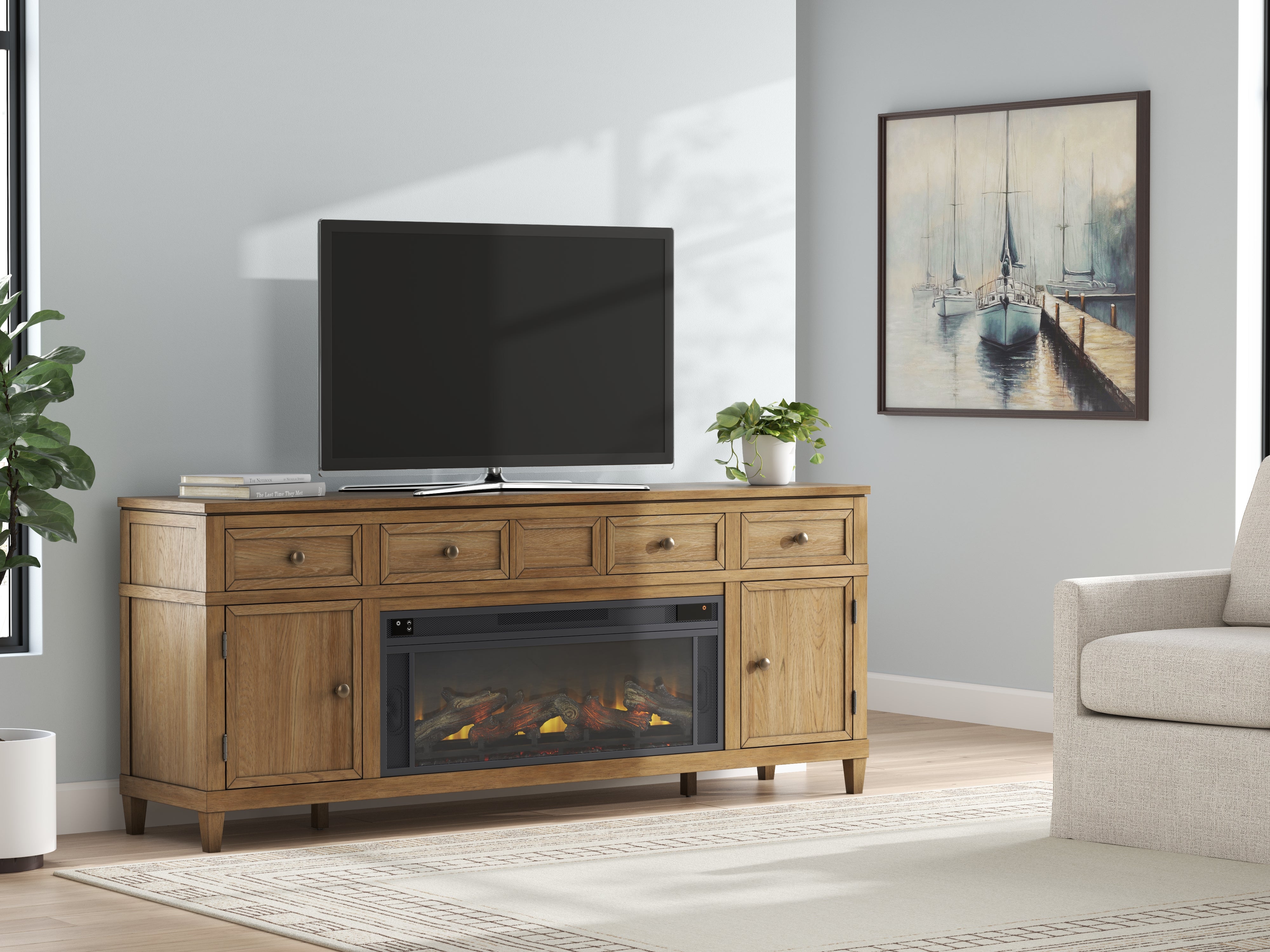 Diamond Furniture - Ashley Furniture - Sharlance 81" TV Stand with Electric Fireplace - 81" TV Stand with Electric Fireplace / Light Brown - W655W1