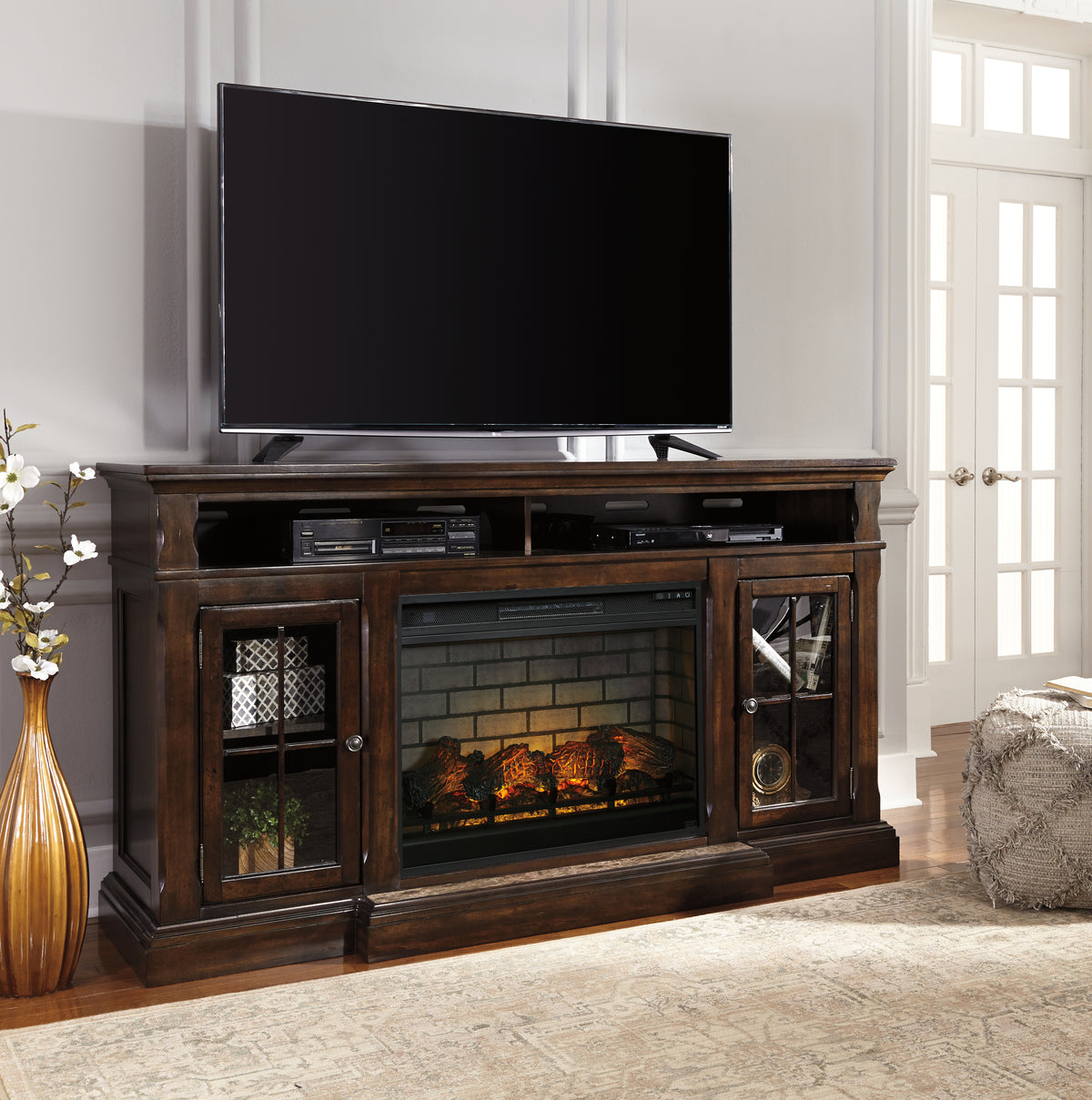 Diamond Furniture - Ashley Furniture - Roddinton 72" TV Stand with Electric Fireplace - 72" TV Stand with Electric Fireplace / Dark Brown - W701W8