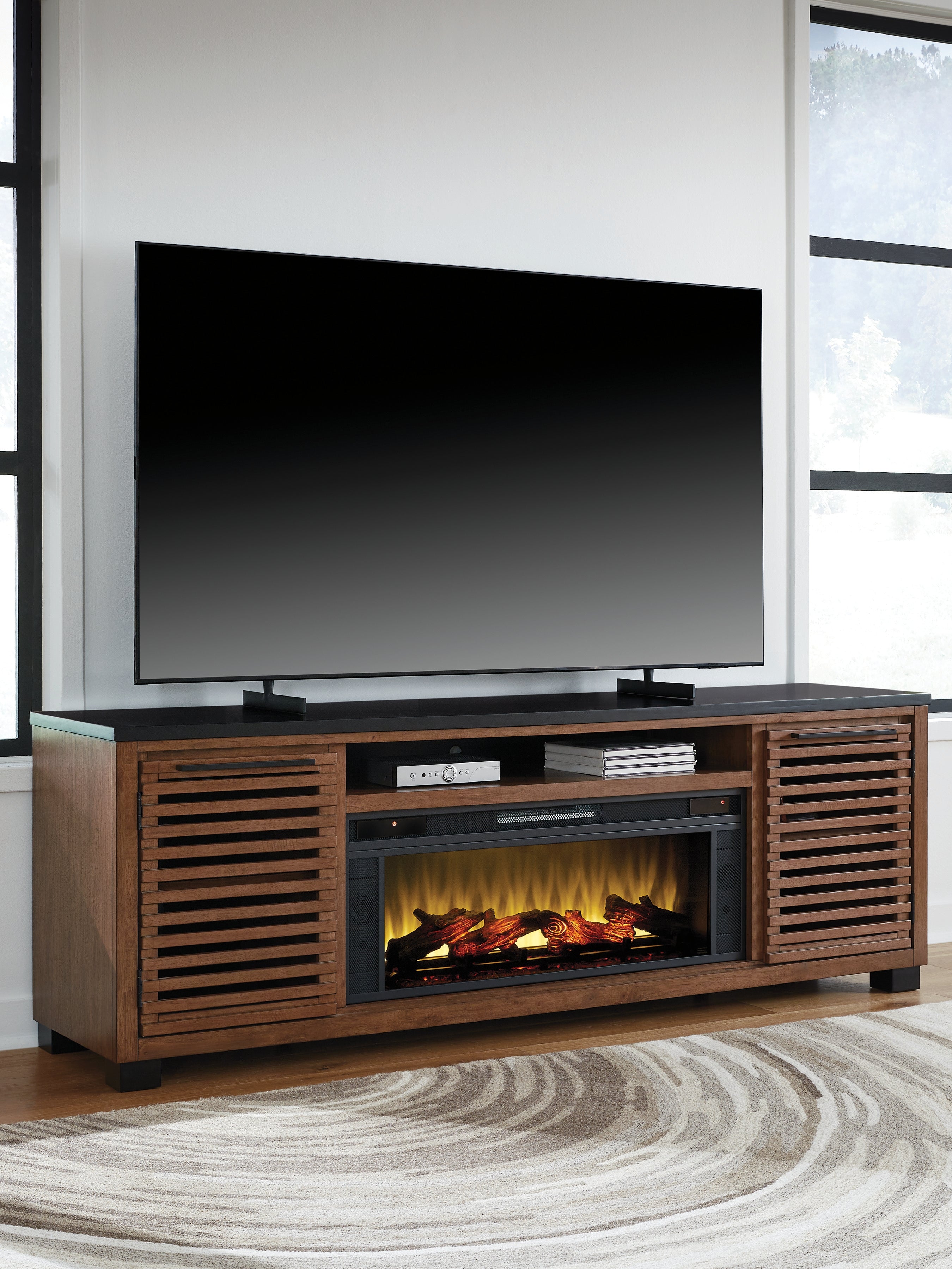 Diamond Furniture - Ashley Furniture - Kallari 84" TV Stand with Electric Fireplace - 84" TV Stand with Electric Fireplace / Warm Brown/Black - W737W1