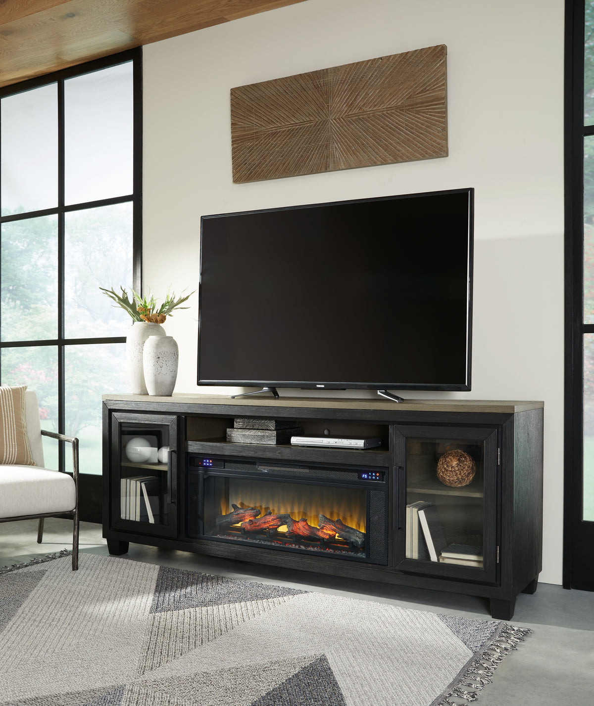 Diamond Furniture - Ashley Furniture - Foyland 83" TV Stand with Electric Fireplace - 83" TV Stand with Electric Fireplace / Black/Brown - W989W1