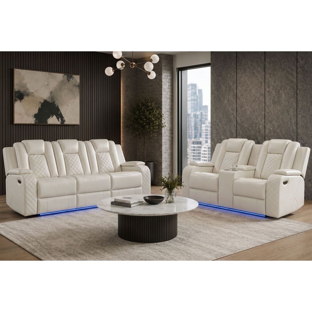 Power Motion Sofa w/ Dropdown and LED Lights, and Power Motion Loveseat in Oyster
