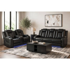 Power Motion Sofa w/ Dropdown and LED Lights, and Power Motion Loveseat in Pebble Black